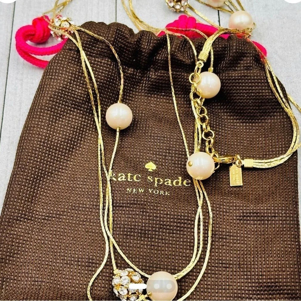 Kate Spade NY Gold Plated Triple Strand Faux Pearl Pave Beads Long Necklace